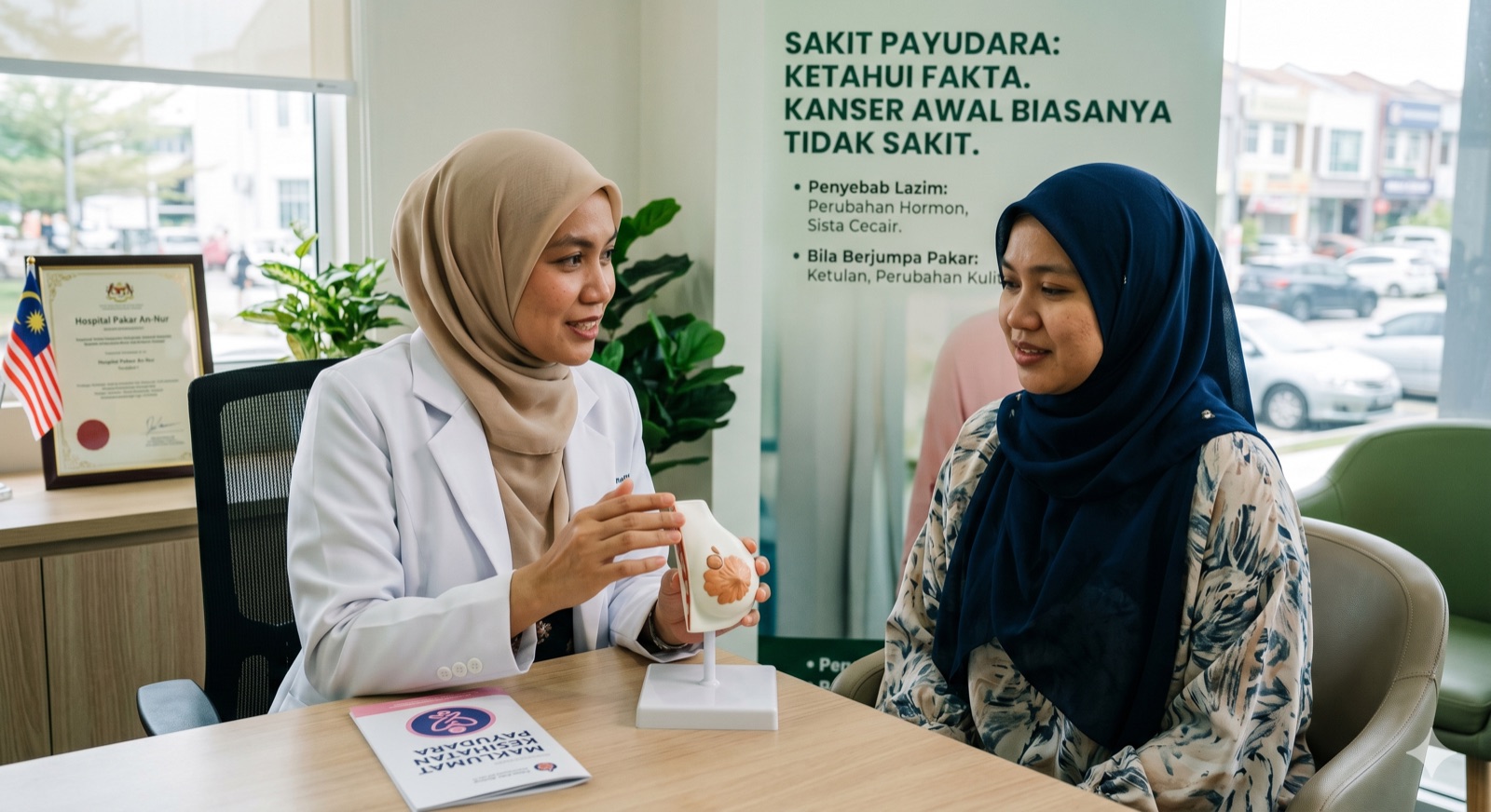 Pakar bedah payudara di Hospital Pakar An-Nur Bandar Baru Bangi sedang menerangkan kepada pesakit tentang punca sakit payudara dan tanda awal kanser