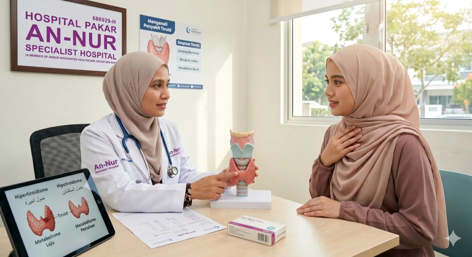 Pakar Perunding Pembedahan Endokrin di Hospital Pakar An-Nur Bandar Baru Bangi sedang menerangkan simptom penyakit tiroid kepada pesakit menggunakan model anatomi kelenjar tiroid
