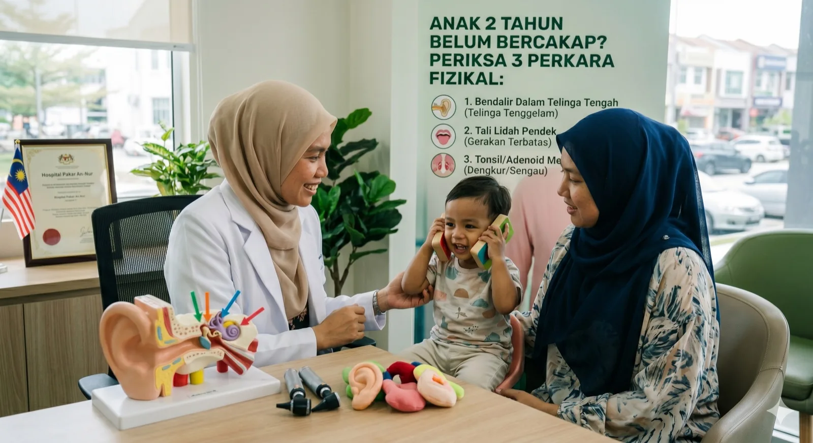 Pakar ENT Hospital Pakar An-Nur Bandar Baru Bangi sedang memeriksa kanak-kanak dengan masalah kelewatan pertuturan (speech delay) — semak 3 perkara fizikal: bendalir telinga tengah, tali lidah pendek, tonsil/adenoid membesar