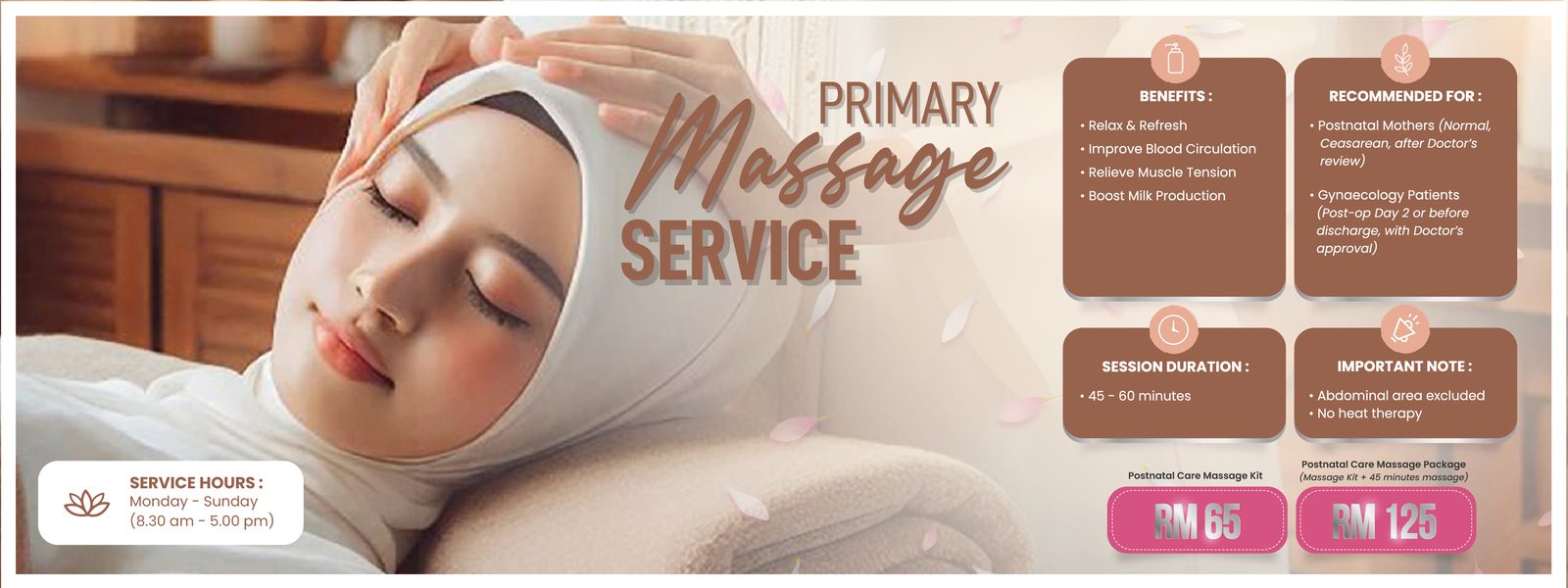 Primary Massage Service untuk Postnatal Mothers — RM65/RM125